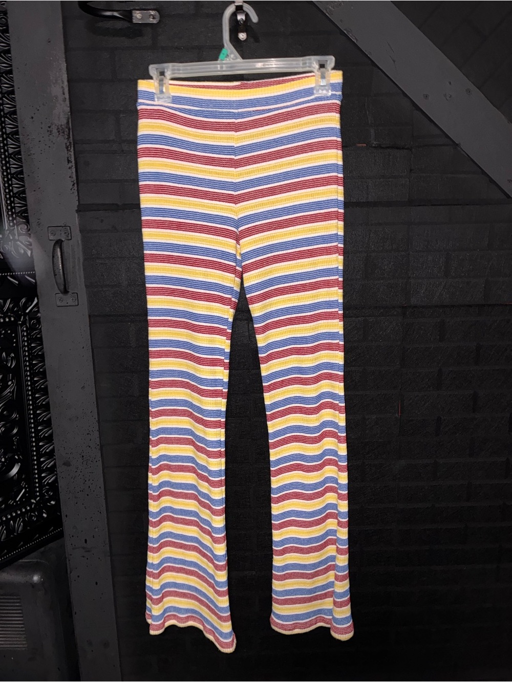 Zara Multicolor Striped Knit Flare Leggings - Blue, Yellow, Pink, Cream, Red